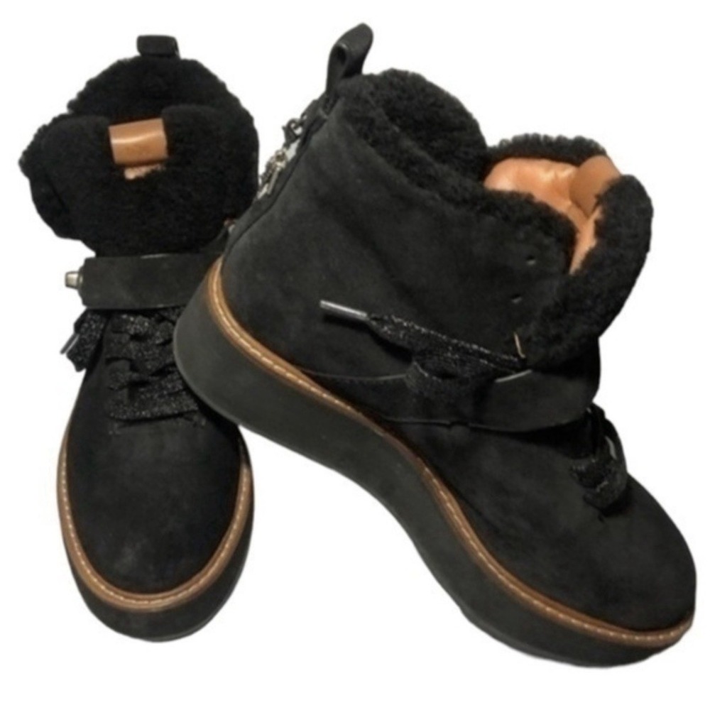 COACH G1354 Urban Hiker Shearling Suede Platform Ankle Boots Black 8.5